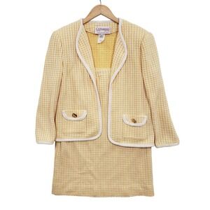 Vintage Castleberry Womens Yellow Woven Tweed Jacket Skirt Set Size 12 Old Money